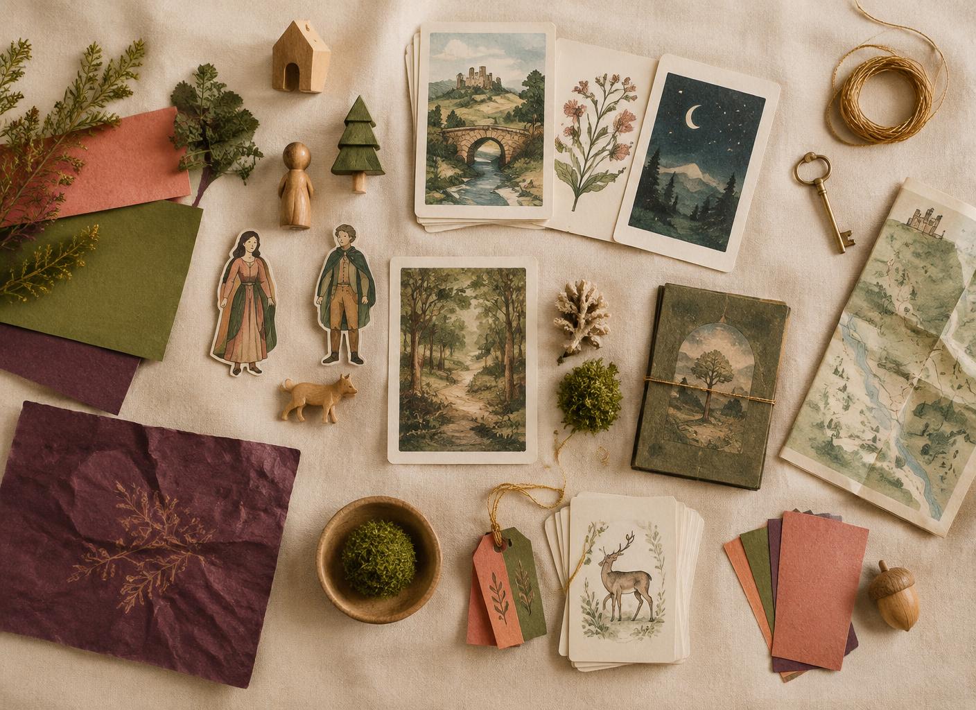 Flat lay of story kit pieces: paper characters, wooden figures, illustrated cards, a key and a folded map